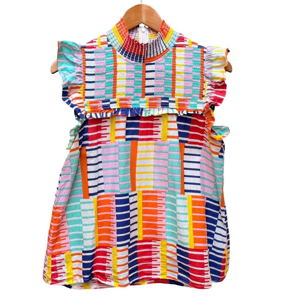 THML Top Womens M Multi Color Coquette Smocked Ruffle Cap Sleeve Cotton Feminine